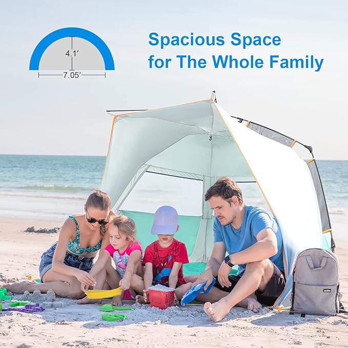 Wolfwise Instant Beach Tent Sun Shelter with Zippered Extendable Porch for Privacy, Portable Beach Tents with Carrying Bag, Easy Setup Pop up Shade for 3-4 Person, 85 x45x49 in, Mint Green