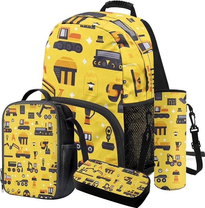 Excavator Backpack with Lunch 2Nd Grade Backpack Boys Lightweight Trendy Kids Bookbag with Lunch Box Boys 4 Piece School Bag for Boys 7-8 Daypack Travel Hiking Outing Camping