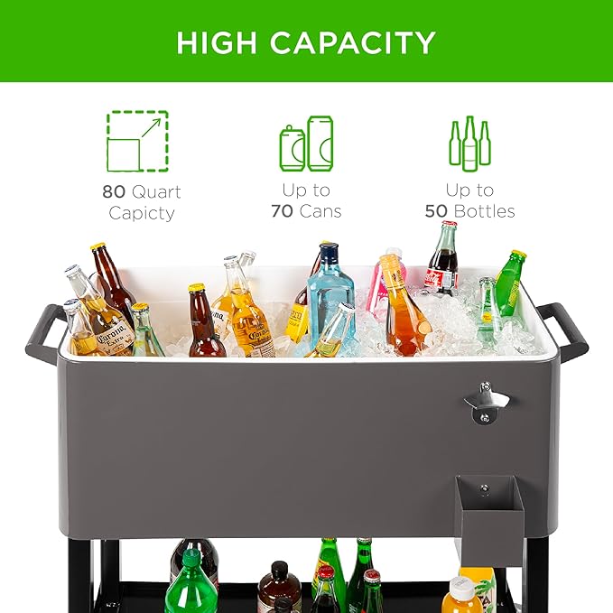 Best Choice Products 80-Quart Outdoor Steel Rolling Cooler Cart w/Ice Chest, Bottle Opener, Catch Tray, Drain Plug, Locking Wheels