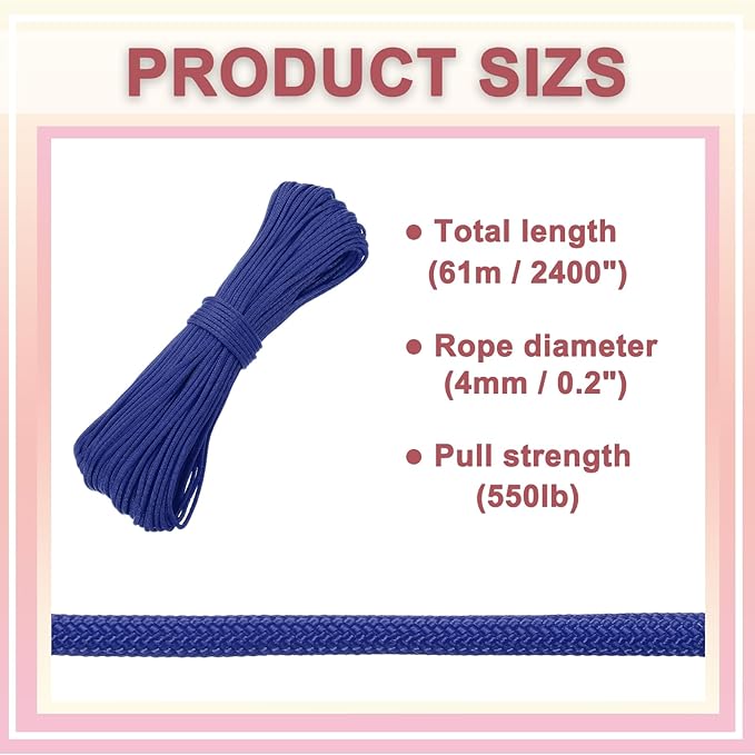 PATIKIL 550lb Paracord Rope 200ft, 4mm Tent Rope, 7-Strand Core Heavy Duty Cord for Outdoor Camping Hiking Tent Survival Utility Rope, Navy Blue