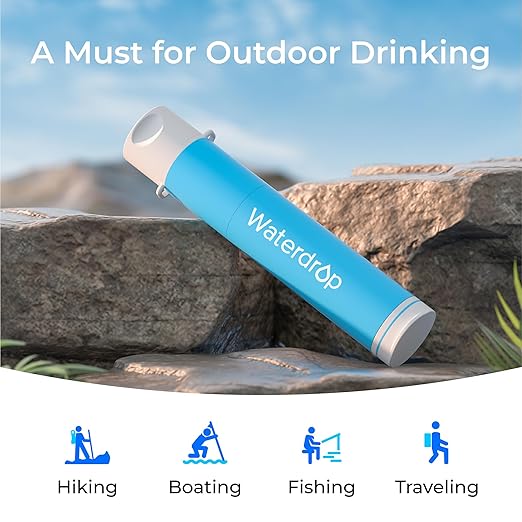 Waterdrop Water Filter Straw, Camping Water Filtration System, Water Purifier Survival Outdoor Drinking Water Purifier for Travel, Backpacking and Emergency Preparedness, 0.1 Micron (Blue), Pack of 2