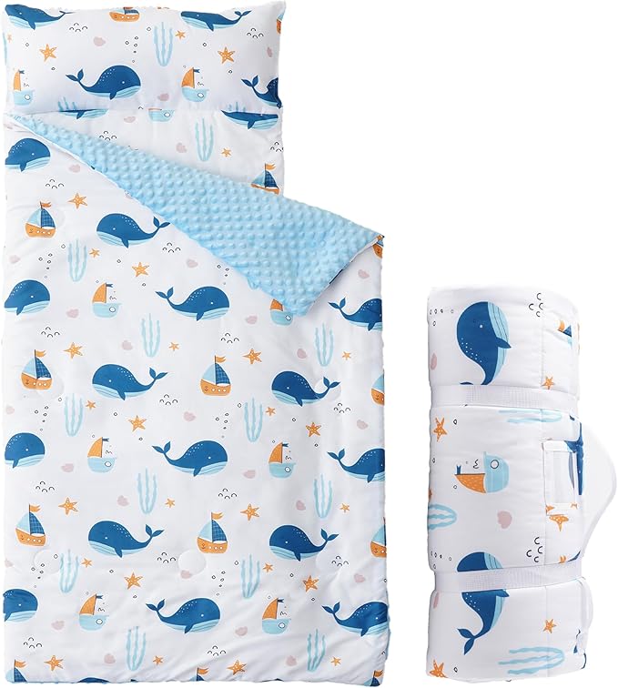 Bunnikins & Clover Toddler Nap Mat with Removable Pillow, Nap Mats for Preschool, Easy Clean Toddler Nap Pad for Kindergarten, Kids Sleeping Bag for Travel Camping