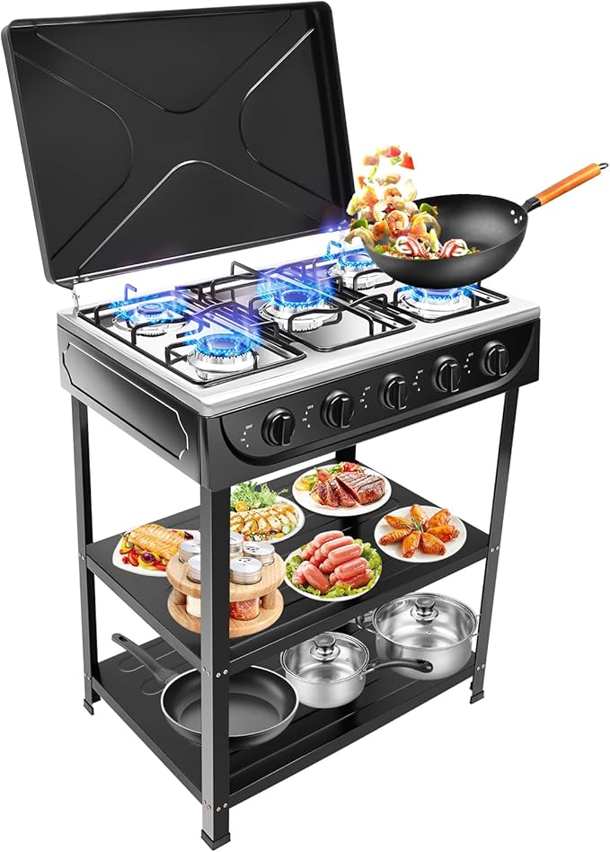 Outdoor Propane Gas Stove, 5 Burner Portable Stand Cooker Camping Natural Gas Stove Outdoor Cooking Gas Stove for Backyard Cooking High Pressure Single Cooker Cooking Home Brewing Camping Turkey