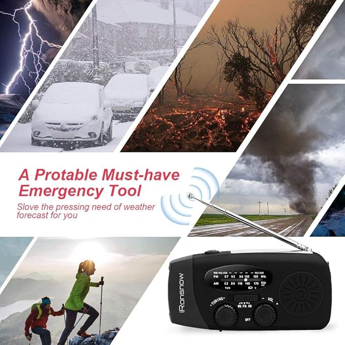 18500mWh Weather Emergency Radio, Portable Solar AM/FM/NOAA Hand Crank Radio, Cell Phone Charger with SOS, 1W LED Flashlight, Headphone Jack, Power for Emergency Preparedness (5000mAh Black)