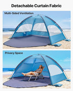 VEVOR Beach Tent Sun Shelter for 4 Person, UPF 50+ Protection, Portable Sun Shade Beach with Carrying Bag & Sand Pockets, Lightweight and Easy Setup Beach Umbrella for Camping Fishing Outdoor Picnic