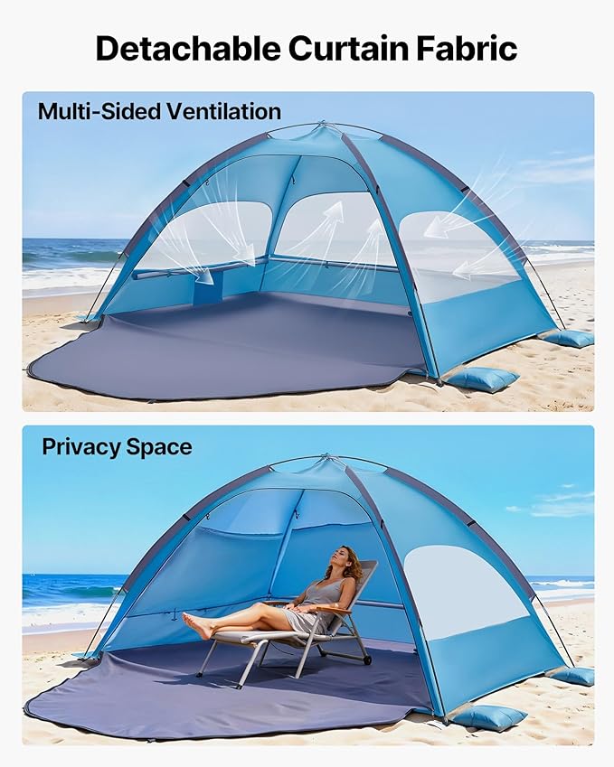 VEVOR Beach Tent Sun Shelter for 4 Person, UPF 50+ Protection, Portable Sun Shade Beach with Carrying Bag & Sand Pockets, Lightweight and Easy Setup Beach Umbrella for Camping Fishing Outdoor Picnic
