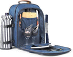 Sunflora Insulated Picnic Backpack for 2 Person Bag with Cooler Compartment, Blanket and Stainless Steel Cutlery Set for Couple, Lovers and Friends (Blue & Stripe)
