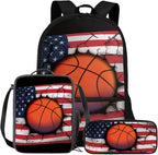 Rnyleeg Basketball Backpack for Kids with Lunchbox American Flag Boys Backpack Set Large Capacity Bookbag Set of 3 for Primary School Back to School Supplies Set