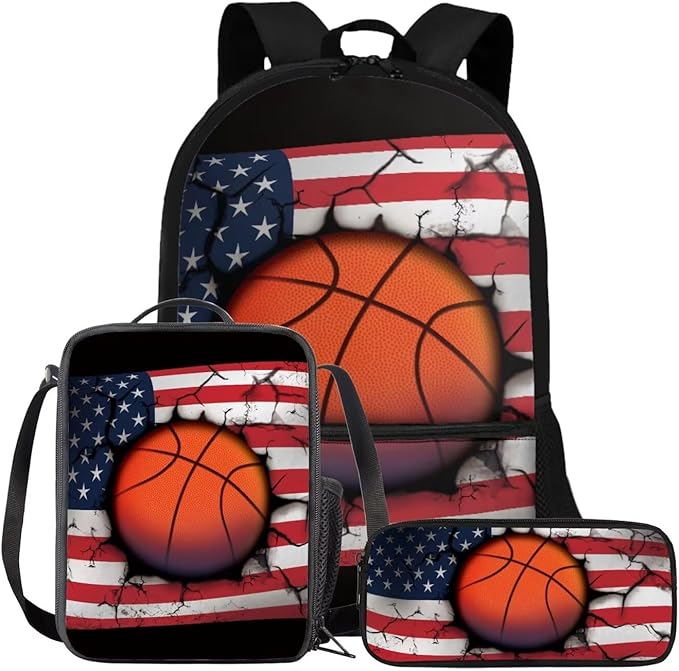Rnyleeg Basketball Backpack for Kids with Lunchbox American Flag Boys Backpack Set Large Capacity Bookbag Set of 3 for Primary School Back to School Supplies Set