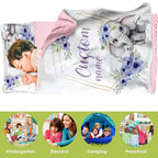 Custom Toddler Nap Mat for Preschool, Personalized Name Kids Sleeping Bag with Purple Elephant for Daycare, Roll Up Sleeping Mat with Removable Pillow and Soft Dot Minky Blanke for Girls Camping