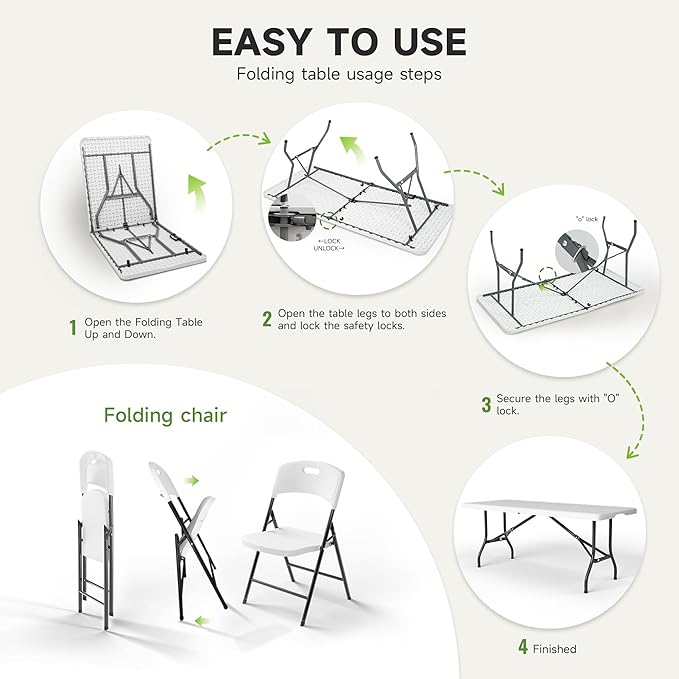 6FT Folding Table Set with 4 Chairs – Heavy-Duty 330 lb Table & 600 lb Chairs, Portable Foldable Furniture Set for Camping, Parties, Indoor & Outdoor Use