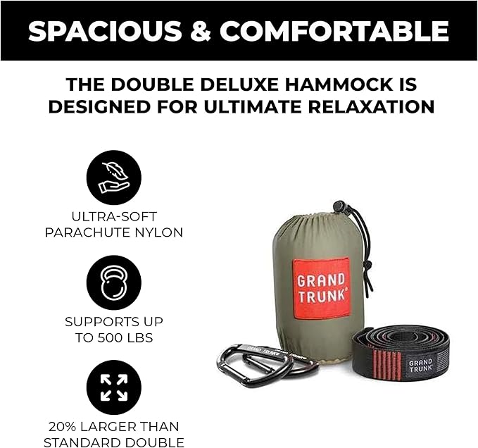 GRAND TRUNK TrunkTech Double Hammock | Ultra-Strong & Lightweight | 11 ft Hammock with Ripstop Nylon | 500 lb Capacity | Fast-Drying & Weather-Resistant | Heritage