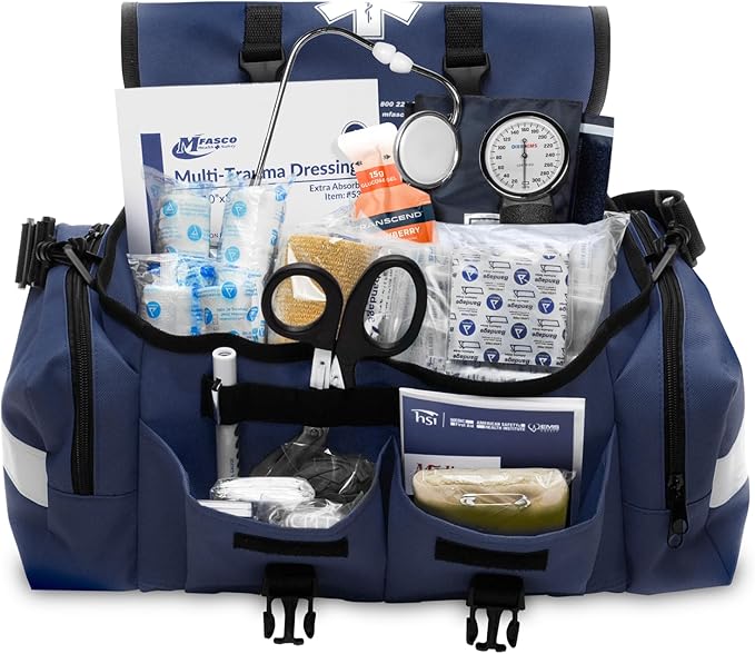 MFASCO Complete Emergency Response First Aid Kit Trauma Bag - 415 Piece Fully Stocked Supplies for Disaster Preparedness | for Business, Schools, Organizations, Groups, Home Safety (Reflective Blue)