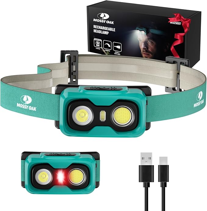 Mossy Oak 600 Lumens Rechargeable Headlamp, Lightweight LED Headlight with White & Red Light, Waterproof Head Lamp with Non-Slip Band, Dimmable & Memory Function for Camping, Running, Valentine's Day