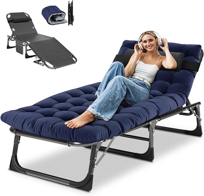 DoCred Heavy Duty Chaise Lounge Chair, Adjustable 5-Position Folding Chaise Lounge Chairs for Outside, Portable Lay Flat Beach Lounge Chair for Outdoor Sunbathing Beach Pool Lawn Camping