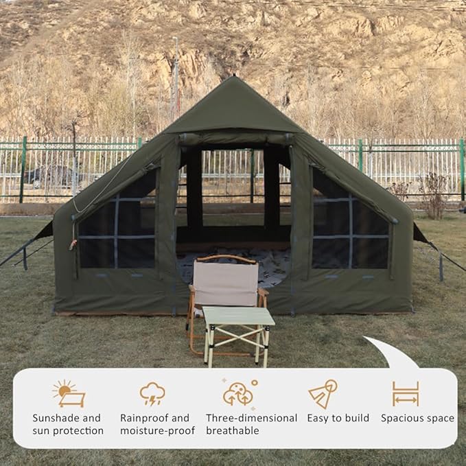 UNISTRENGH Waterproof Inflatable Cotton Camping Tent with Hand Pump Pop Up Outdoor 5-8 Person Glamping Tent House Breathable Large Luxury Tent