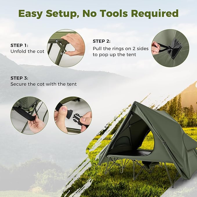 GYMAX 2-Person Camping Cot Tent, Foldable Off-Ground Cot Bed Combo with Portable Wheeled Bag, Waterproof Rainfly, 2 Mesh Doors & Skylight Roof for Adults, Hiking, Backpacking, Outdoor