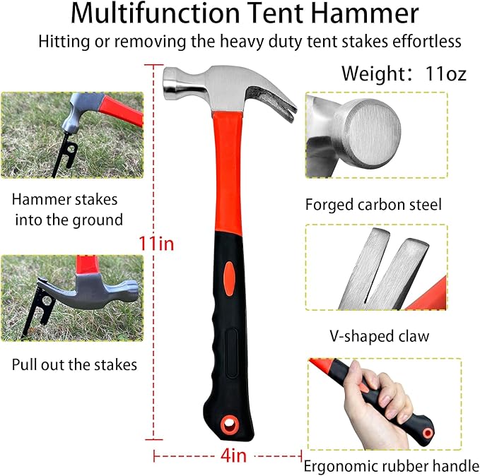 12Pcs Tent Stake with Hammer Set, 16in Tent Stakes Heavy Duty with 10.5in Tent Stakes Hammer, Storage Pouch, Forged Steel Tent Stakes for Camping Used on Rocks, Grassland(12Pcs 16in Stakes+Hammer)