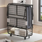 BALUS Folding Bed with Mattress for Adults, 75" x 31" Rollaway Bed with Head Baffle & Mesh Storage Basket, Fold Up Beds for Guests, Foldable Frame with Locking Casters for Easy Moving（Upgrade）