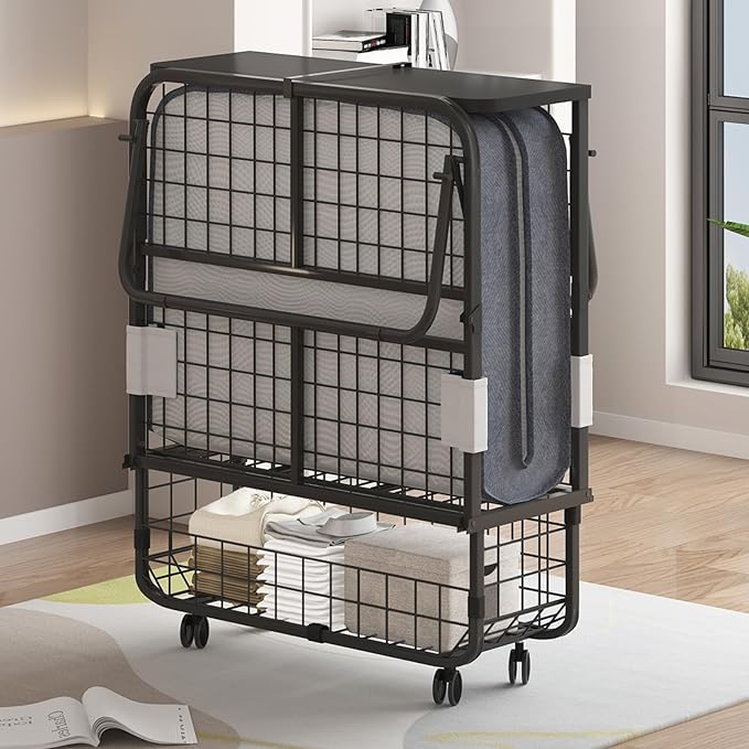 BALUS Folding Bed with Mattress for Adults, 75" x 31" Rollaway Bed with Head Baffle & Mesh Storage Basket, Fold Up Beds for Guests, Foldable Frame with Locking Casters for Easy Moving（Upgrade）