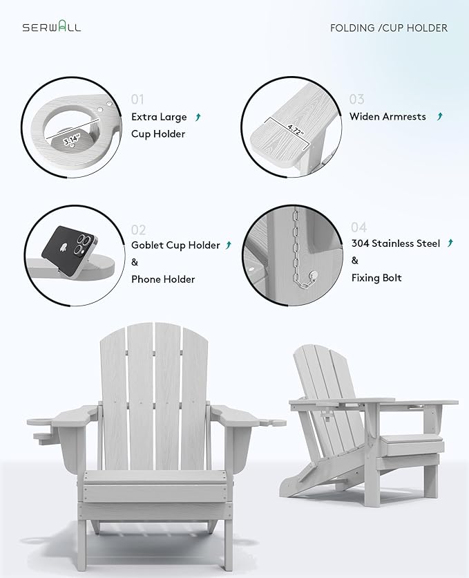 SERWALL Adirondack Chair with Cup Holders - Composite Adirondack Chairs Set of 8 HDPE Outdoor Chairs All Weather Use- Silver Gray