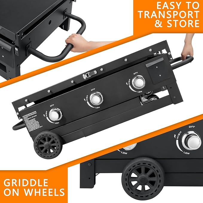 SKOK Foldable Gas Griddle-31.5 Inch Outdoor Propane Griddle, Portable Flat Top Gas Grill -45000 BTU Propane Fuelled, 3 Burners Table Top Griddle Station with Side Shelves