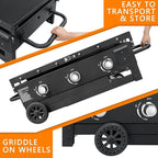 SKOK Foldable Gas Griddle-31.5 Inch Outdoor Propane Griddle, Portable Flat Top Gas Grill -45000 BTU Propane Fuelled, 3 Burners Table Top Griddle Station with Side Shelves