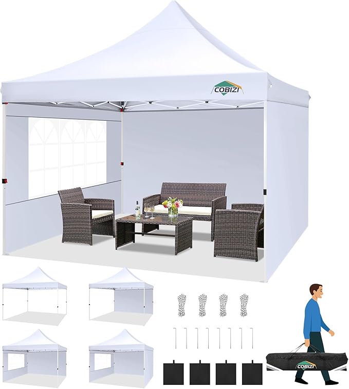 COBIZI Canopy 10x10 Pop Up Canopy Tent with 3 Sidewalls, Commercial Party Tent Ez Waterproof Outdoor Instant Gazebo UV 50+ Event Shelter, Garden Tents for Parties Camping with Sandbags，White