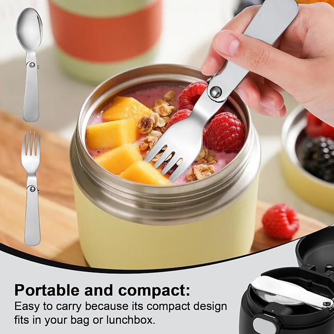 3pcs Folding Spoon & 3pcs Folding Forks for Thermos Funtainer 10oz Food Jar, Stainless Steel Foldable Spork Portable Replacement Fold Utensils Silverware for Travel Camping Picnic Outdoor Activities