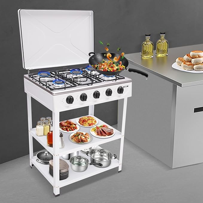 Gas Stove Outdoor Camping Stove, Portable 5-Burner Propane Stove Stand, Freestanding Rectangular Gas Cooktop, Cooking Stove for Rv Apartment Outdoor