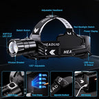 Sinvimes 99000 High Lux LED Rechargeable Headlamp, 95H Long Battery Life Head Lamp with 5 Modes & IPX7 Waterproof & Zoomable, 120° Adjustable Head Light for Adults, Outdoor, Camping, Hardhat