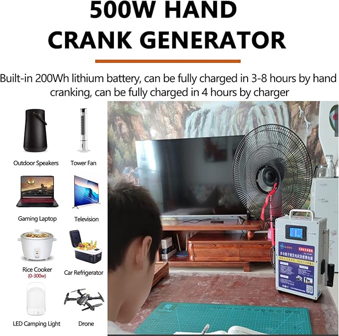 150W/500W High Power Hand Crank Generator Portable Emergency Power AC110V /220V DC12V USB 5V Charger Generator for Outdoor Camping Survival Activities,500W-220V