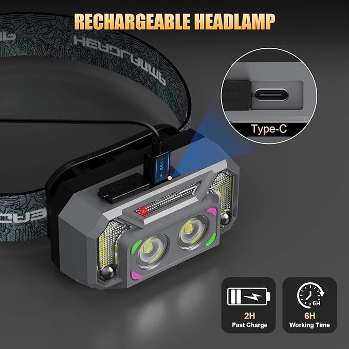 LED Headlamp Lightweight with Red Light Motion Sensor, 5 Modes USB-C Rechargeable, 6-Hour Runtime, Waterproof Headlight for Camping, Running, Fishing, Work, and Emergencies, 5 Pack