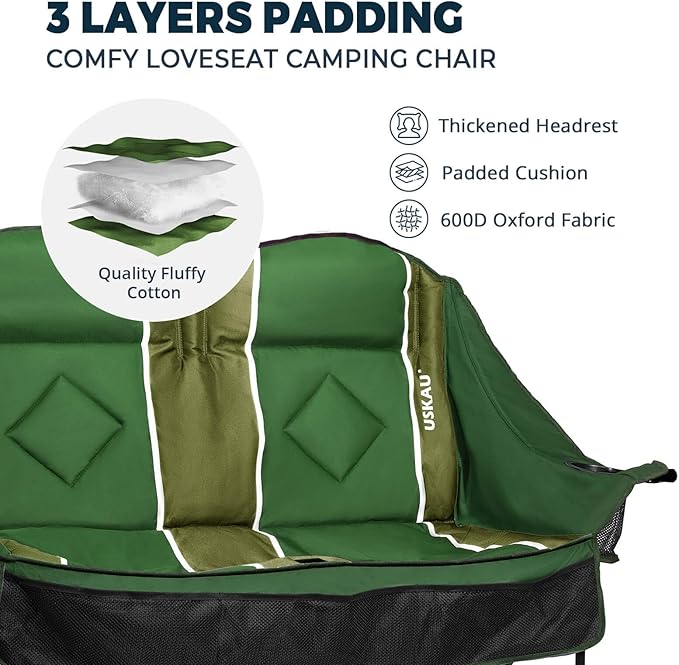 Oversized USLCamping Chair - 2 Person Portable Folding Outdoor Loveseat Heavy Duty Lawn Chairs for Adults with Padded Cushion & Dual Cup Holders, Supports 660LBS for Camping，Sports，Picnic