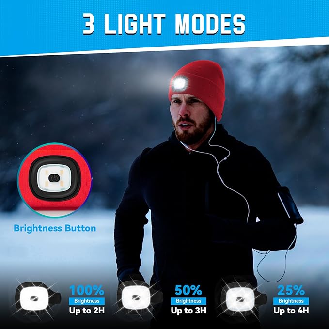 Beanie Hats with Light, USB Rechargeable LED Hand Free Headlamp, Birthday Gifts for Men, Women, and Teens, Ideal for Camping, Hiking, 2 Pack, Red