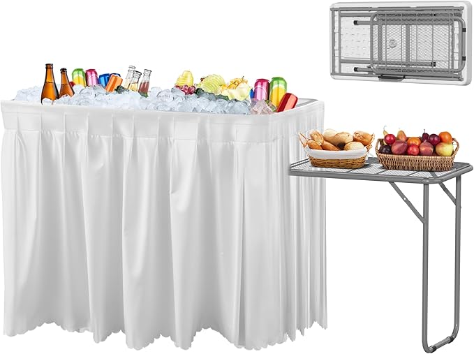 Ice Cooler Table with Foldable Extension Stand, 4 Foot Outdoor Ice Table with Matching Skirt & Drain Hose, Folding Cooler Tables with Metal Shelf for Party, BBQ, Camping Picnic, White