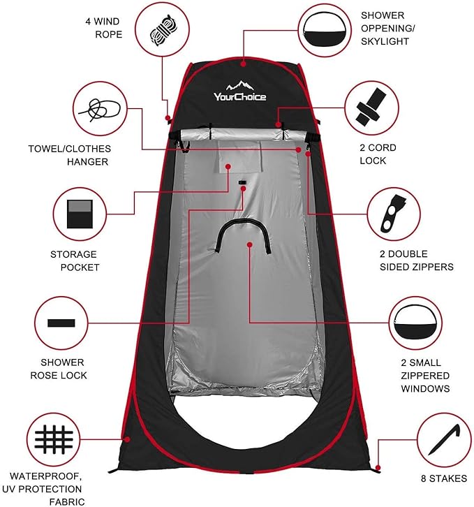 Your Choice Pop Up Privacy Shower Tent, 3.9 x 3.9 x 6.2FT Portable Camping Changing Room, Instant Setup Outdoor Shelter with Silver Coating, Vent Window & Carry Bag for Beach, Hiking & RV | Portable, for Camping, Beach, Hiking, with Carry Bag, Quick Setup