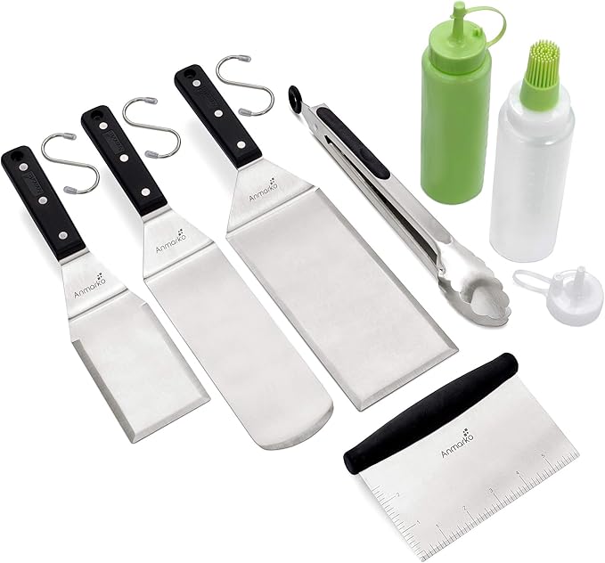 Metal Spatula Set - Griddle Accessories kit - Grill Flat Spatula Pancake Flipper Hamburger Turner - Metal Utensil great for BBQ Grill Flat Top - Cast Iron Griddle Accessories - Commercial Grade