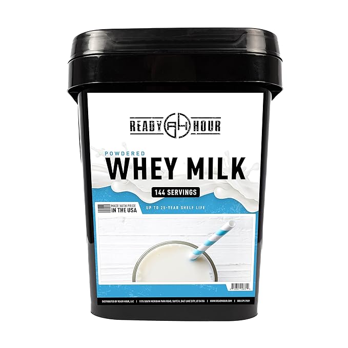 Ready Hour, Bulk Powdered Milk, Real Non-Perishable Whey, 25-Year Shelf Life, Portable Emergency and Adventure Food Supply, Durable Flood Safe Container, 144 Servings