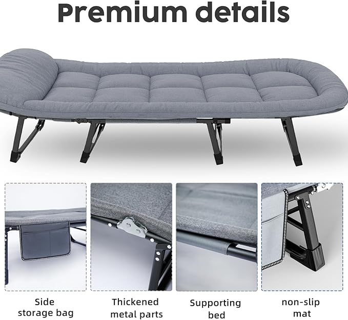 Camping Cot with Mattress, No Assembly Required Heavy Duty Folding Camping Cot for Adults, 550 Lbs Capacity Adjustable Portable Sleeping Bed for Indoor, Outdoor & Patio Use (L''75)