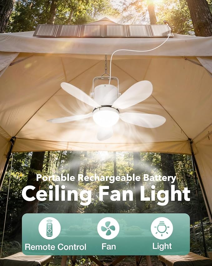 21” Solar Ceiling Fan Light, Battery Operated Camping Fan with Remote Contorl & 30W Portable Foldable Solar Panel, Rechargeable Gazebo Fan Light Outside for Tent Canopy Pergola Travel