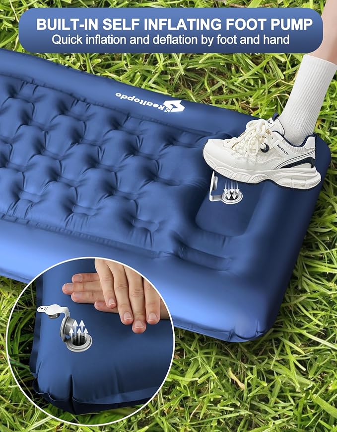 Extra Thick 5 Inch Sleeping Pad - Self Inflating Sleeping Pad with Pillow, Camping Mattress Pad with Foot Pump, Sleeping Pad Mat for Backpacking, Hiking, Traveling (Blue)