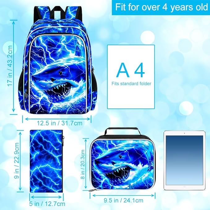 17" Shrak Backpack for Boy, 3Pcs Lightning Bookbag for Elementary Preschool Kindergarten, Kids School Thunder Backpacks with Lunch Box (Blue)