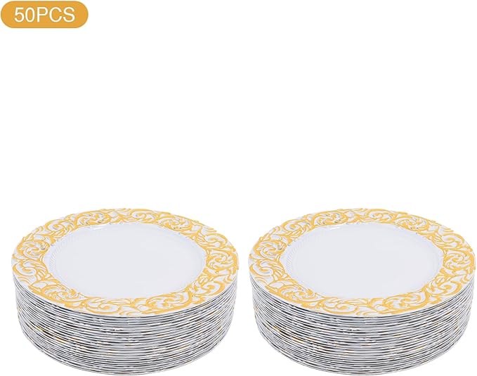 50 Pcs White and Gold Charger Plates Bulk, 13" Round Dinner Charger Plates with Gold Flora Embossed, Decorative Table Plastic Chargers for Christmas, Wedding, Party, Event Decorations