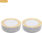 50 Pcs White and Gold Charger Plates Bulk, 13" Round Dinner Charger Plates with Gold Flora Embossed, Decorative Table Plastic Chargers for Christmas, Wedding, Party, Event Decorations