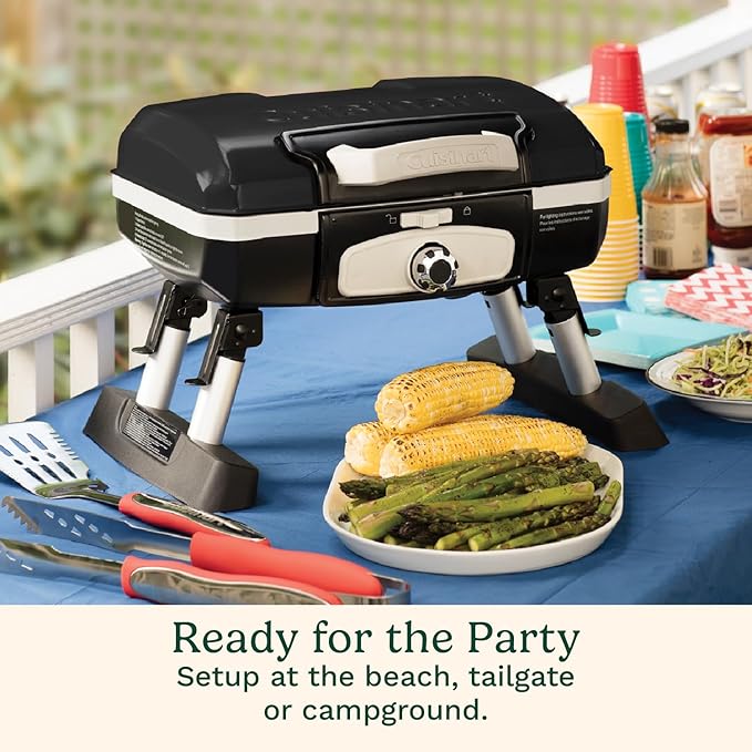 Cuisinart Petite Gourmet Portable Gas Grill, Compact & Lightweight Tabletop Small Grill for BBQs, Camping, Tailgates & Small Spaces, 5,500 BTU Burner Folding with Carry Handles, Black