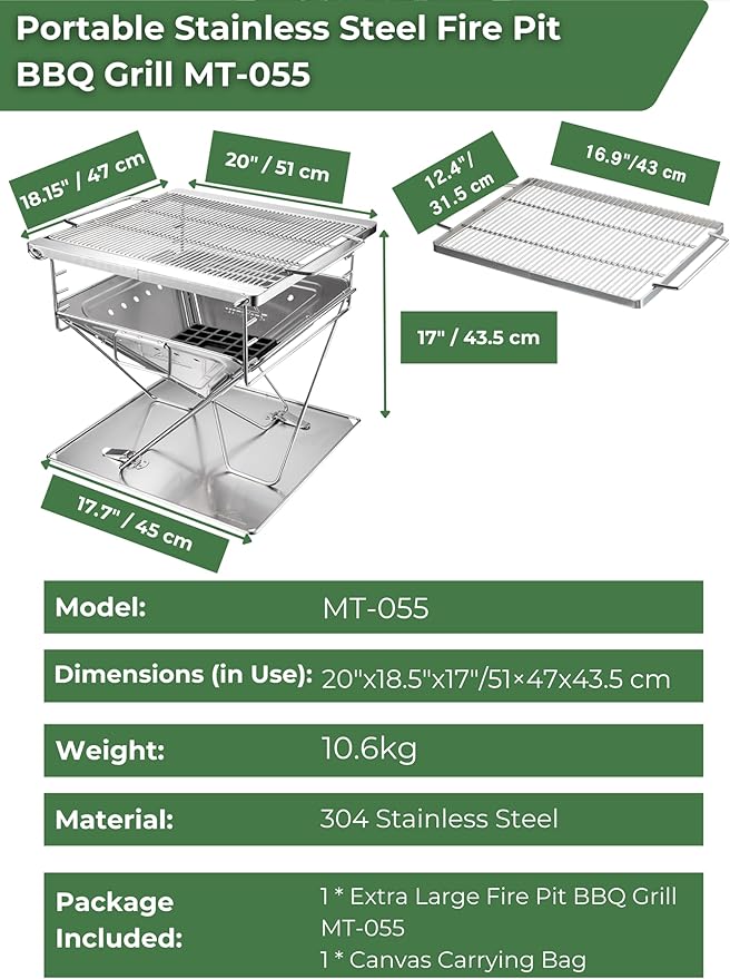 CAMPINGMOON 3 in1 Flatpack Portable Fire Pit Grill 16 inch Heavy Duty Stainless Steel Wood Burning Camping Stove Adjustable Height Backyard Outdoor Cooking RV Trips Carry Bag included MT-055