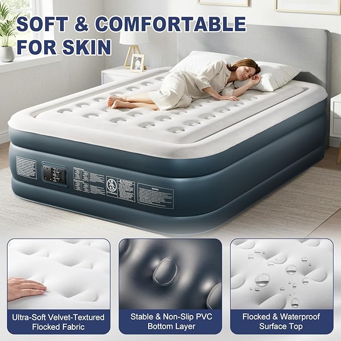 Outvita 18in Queen Air Mattress with Built-in Pump, Quick Assembly Comfort Luxury Blow Up Air Bed Self-Inflation/Deflation - Breathable and Flatness-Free for Guests and Home, Camping, Travel
