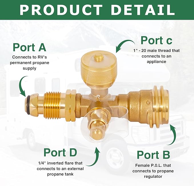 Extend a Stay RV Propane Kit, 4-Port Propane Brass Tee with 5 ft & 12 ft Stainless Steel Hoses for Connection Between Auxiliary Propane Cylinder and Appliances, Camping, Motorhomes