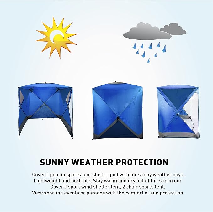 CoverU Sports Tent Pod For 3-4 People - RAIN or Sun Protection – NEW Large Pop Up Climate Canopy Shelter – Soccer, Football, Softball & Other Sporting Events and Parades - Patented and Patents Pending